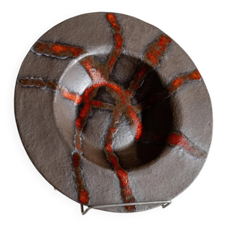 Brown Stoneware Bowl with Red Glaze Streaks, Partially Glazed-Vintage Italian Studio Ceramic, 1970s