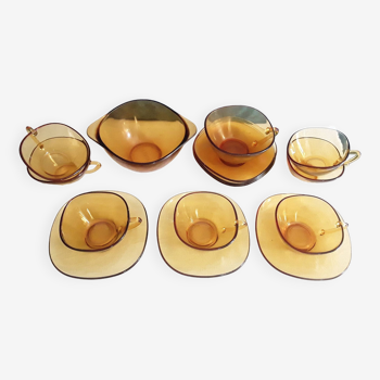 Ensemble tasses et bol 1970 verre ambré