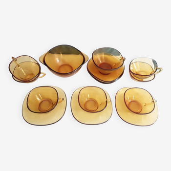 Set of cups and bowl 1970 amber glass