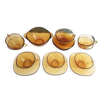 Set of cups and bowl 1970 amber glass