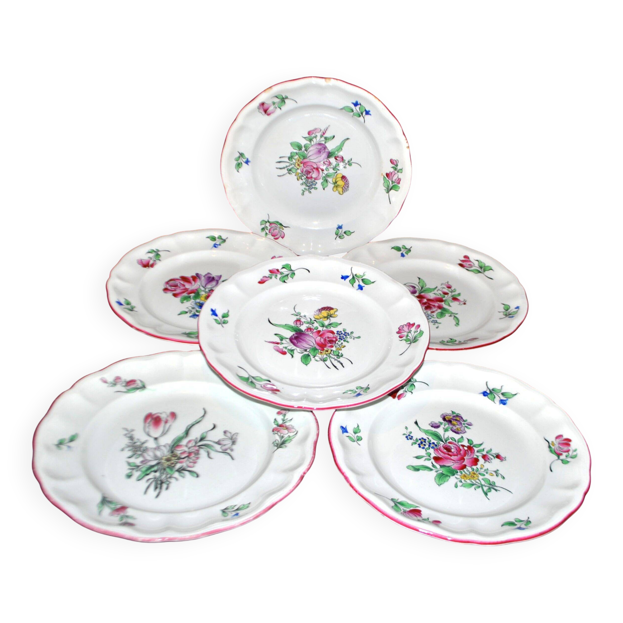 Lunéville set of 6 earthenware plates with floral lamppost decoration, KG Lunéville, 23cm