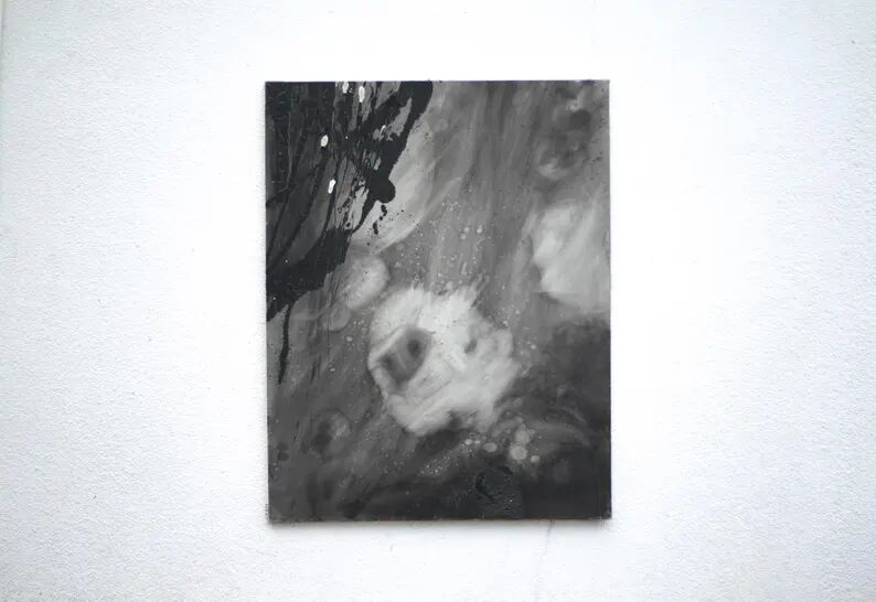 Large painting on canvas attributed to Nicole Cormier Vago, black and white canvas, wall decoration.