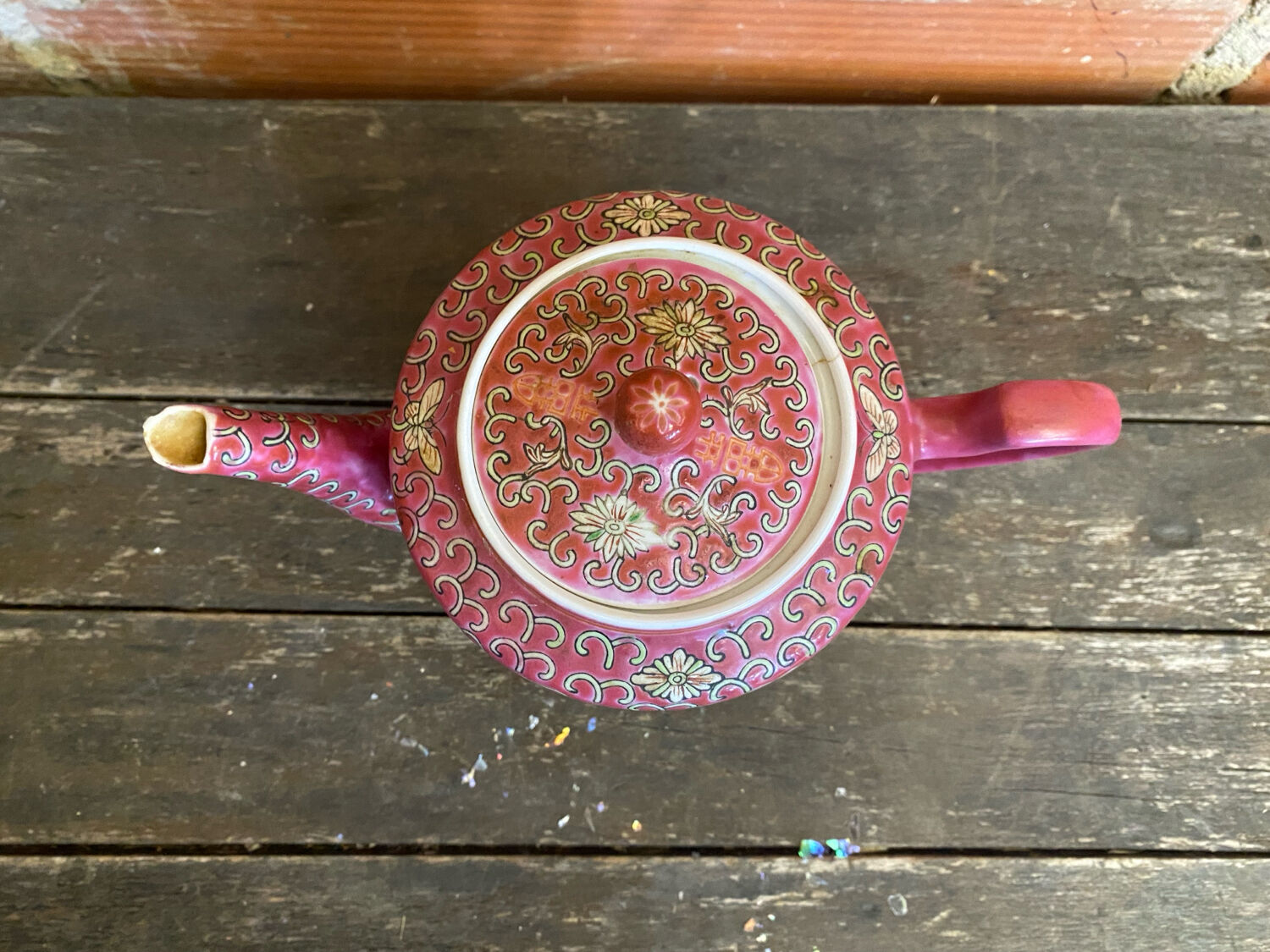 Antique MUN SHOU Teapot Pink Porcelain Flower Decor China Vintage #