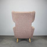 Mid-century wingback lounge chair in pink fabric, Czechoslovakia, 1970s