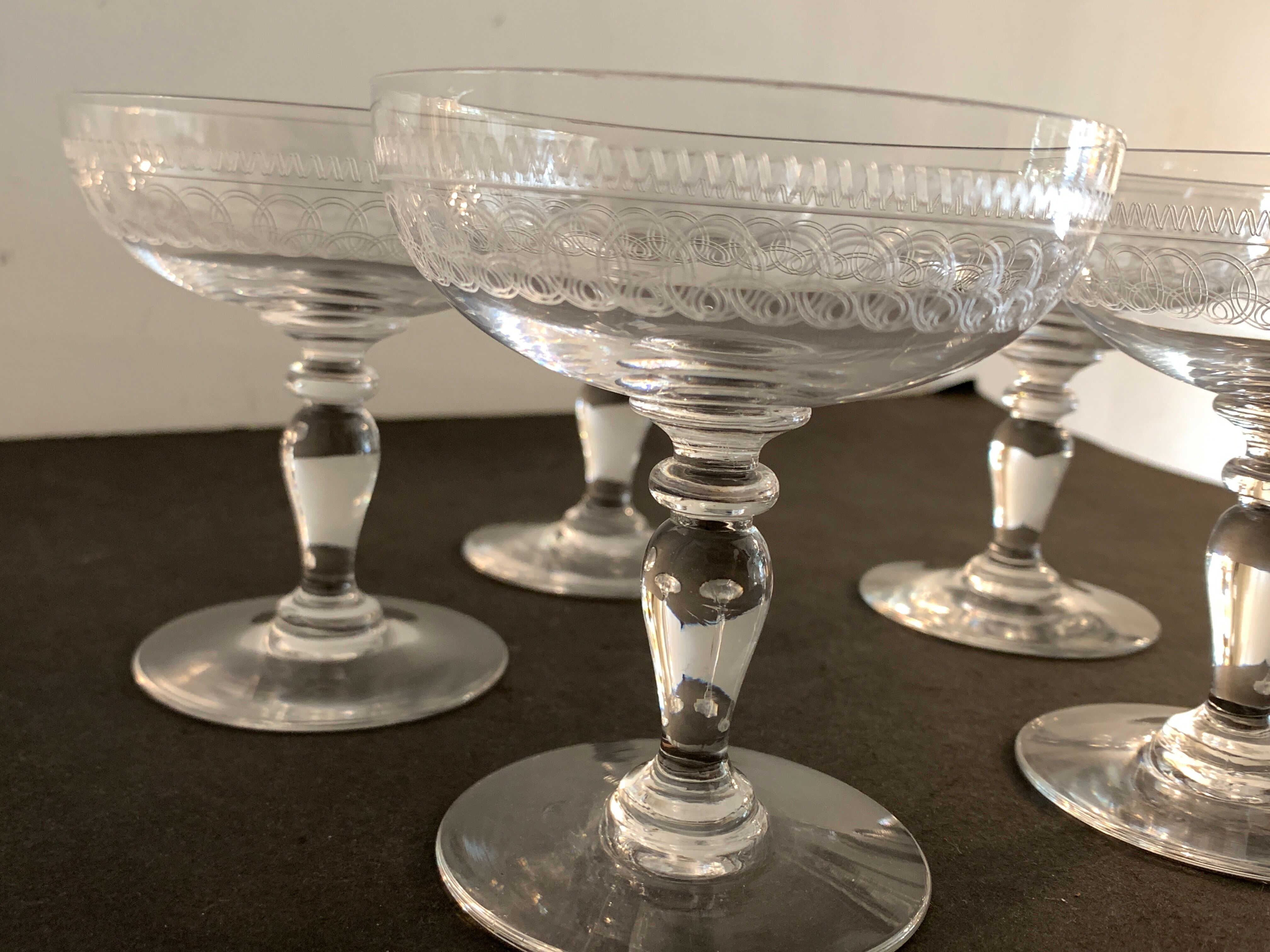 5 antique champagne glasses in engraved crystal