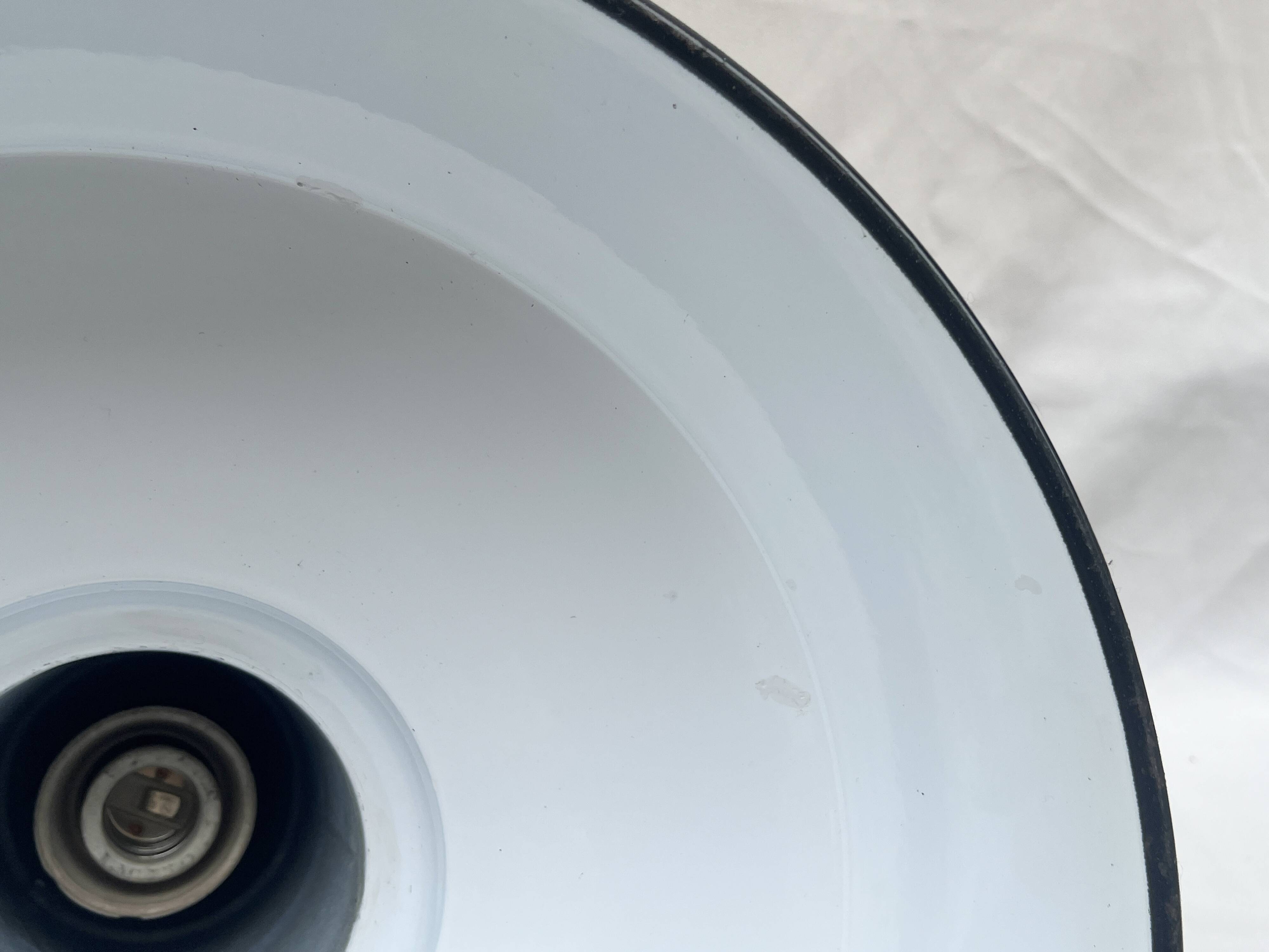 Industrial pendant light in black and white enamelled sheet metal factory bowl