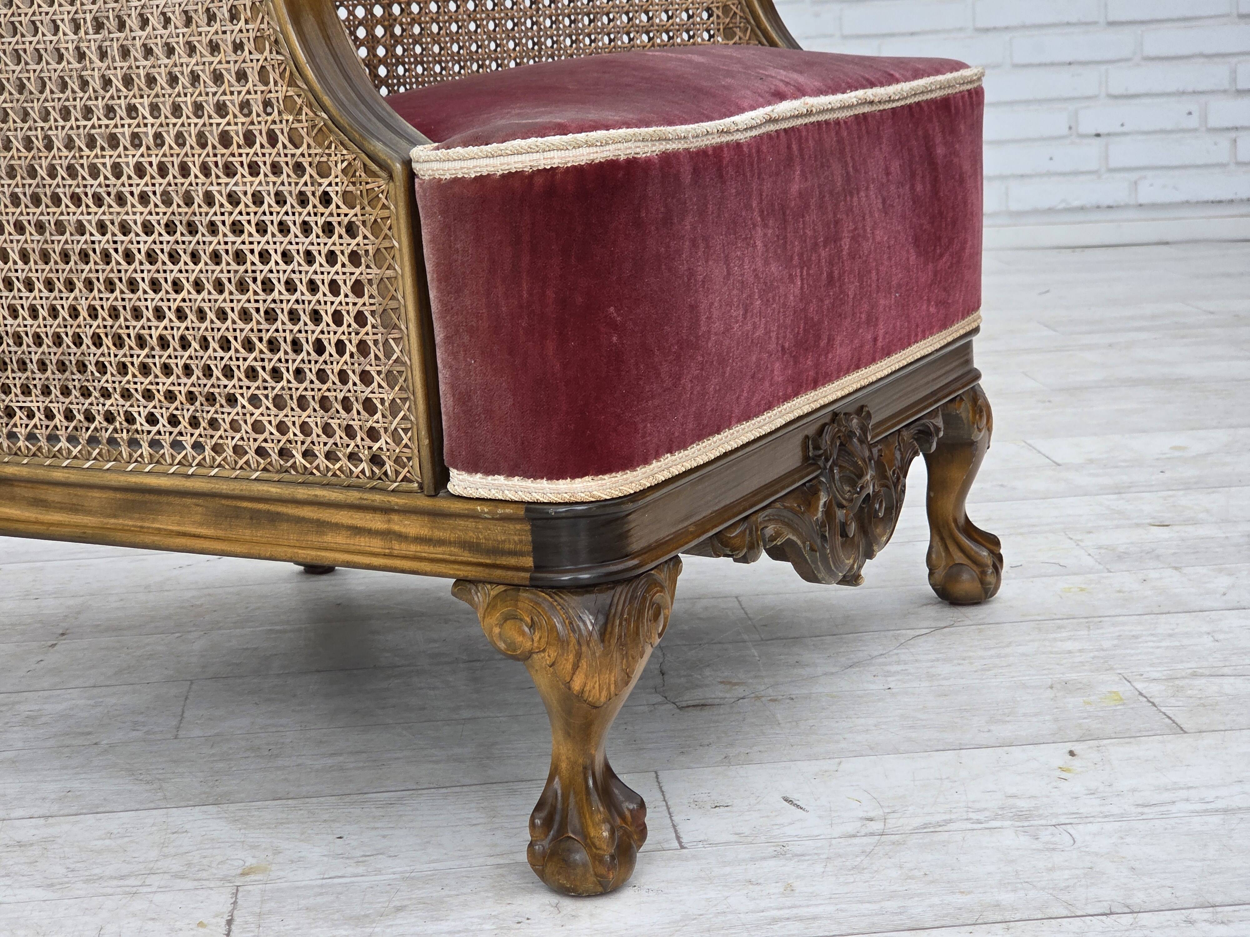 1940s, Danish armchair, woven wool, velour, mesh, carved oak wood.