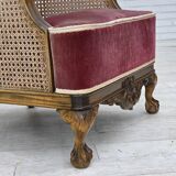 1940s, Danish armchair, woven wool, velour, mesh, carved oak wood.