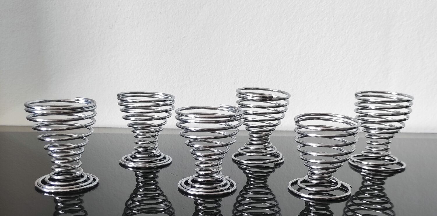 6 vintage chrome metal egg cups in spiral shape, 1970s