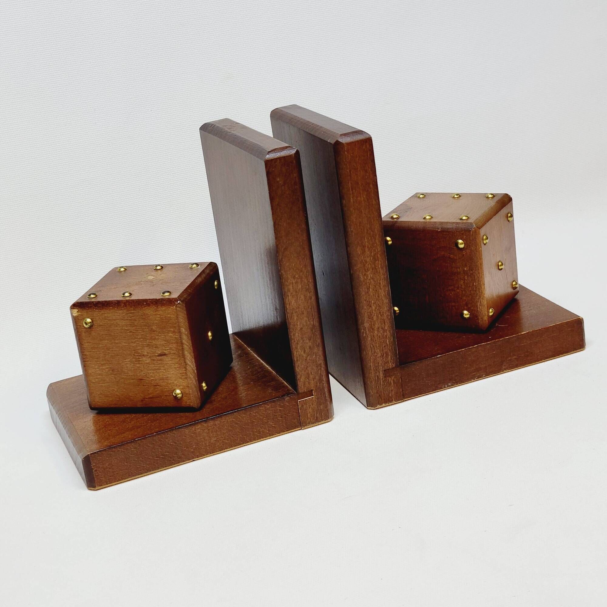 Pair of French Art Deco Wooden Bookends with Dice
