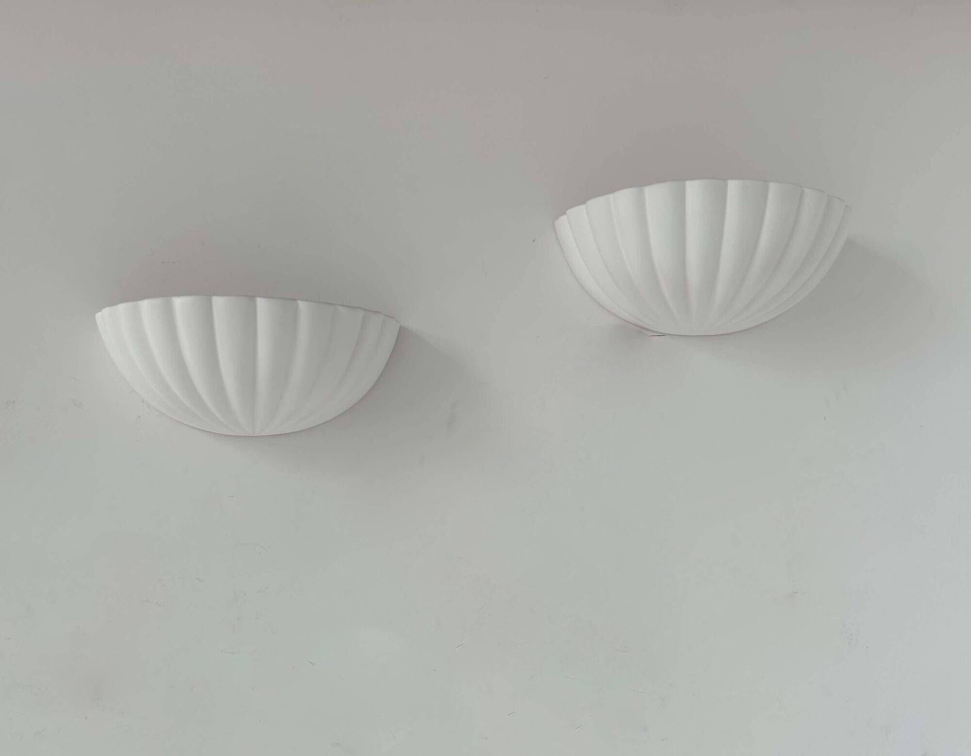 Pair of vintage shell wall lights, matte white, France 1970