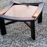 70s design coffee table in black lacquered wood with smoked glass top
