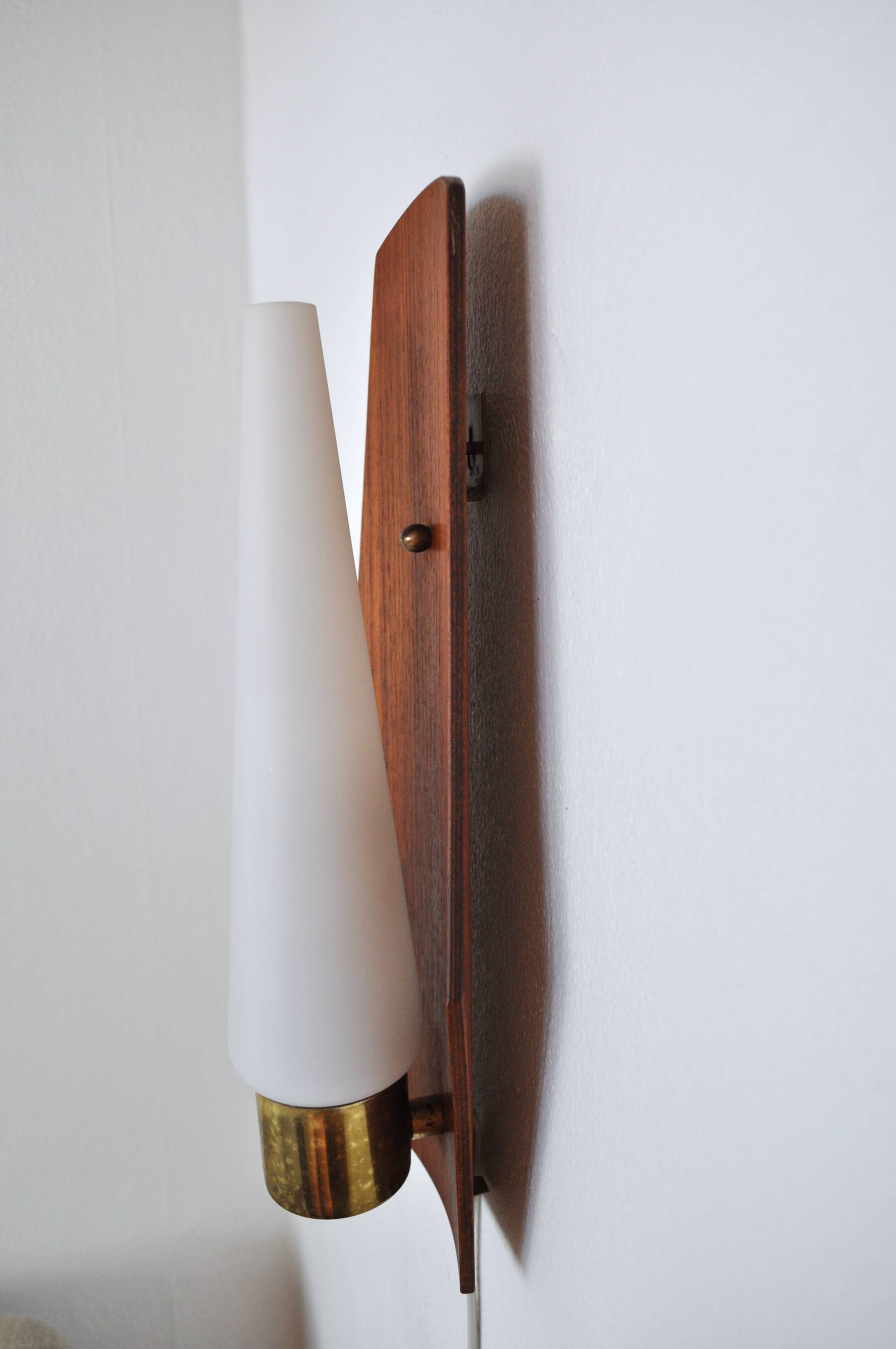 Scandinavian modern danish wall light in teak, brass and opaline glass, 1960s