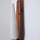 Scandinavian modern danish wall light in teak, brass and opaline glass, 1960s