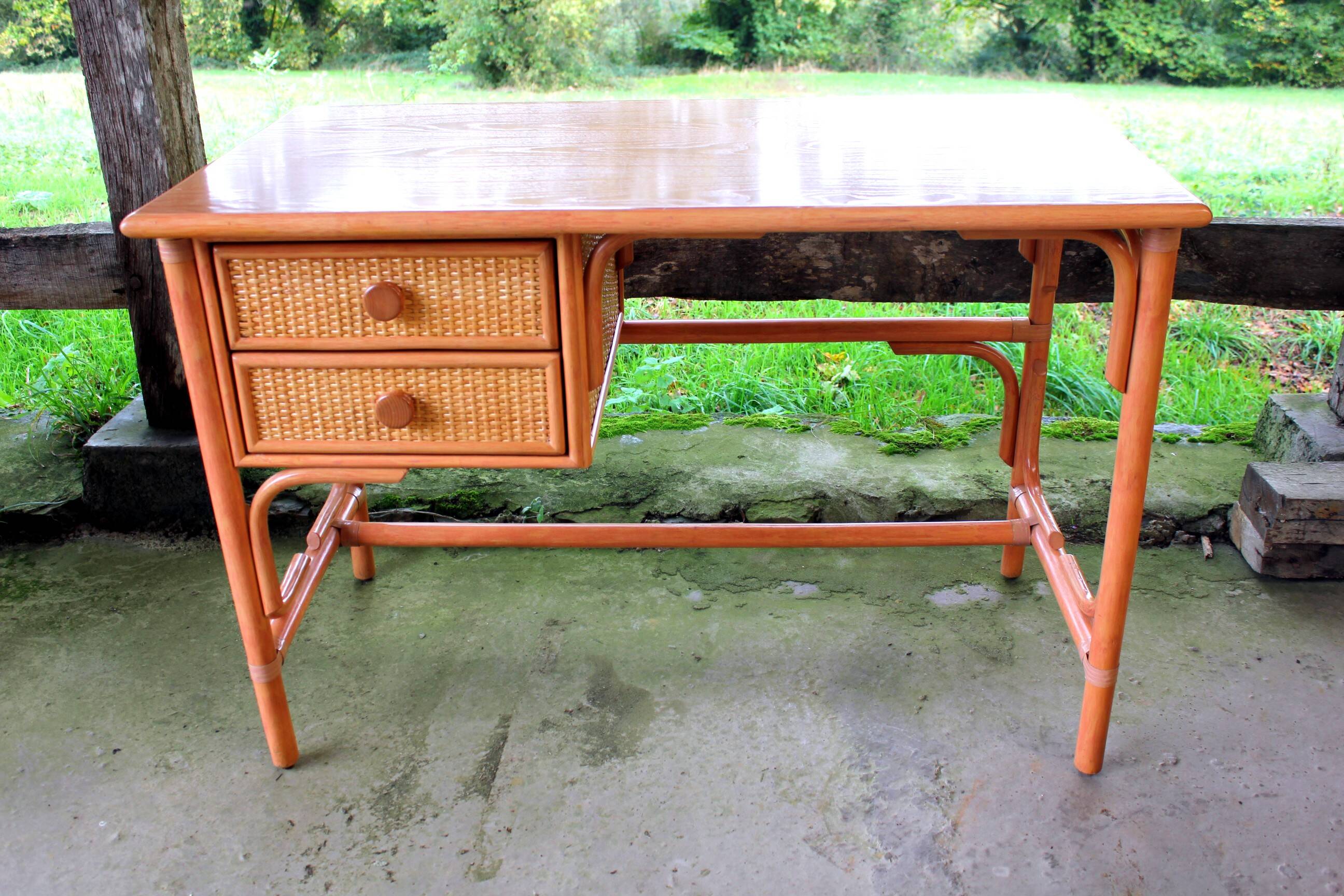 Rattan and beech desk and chair