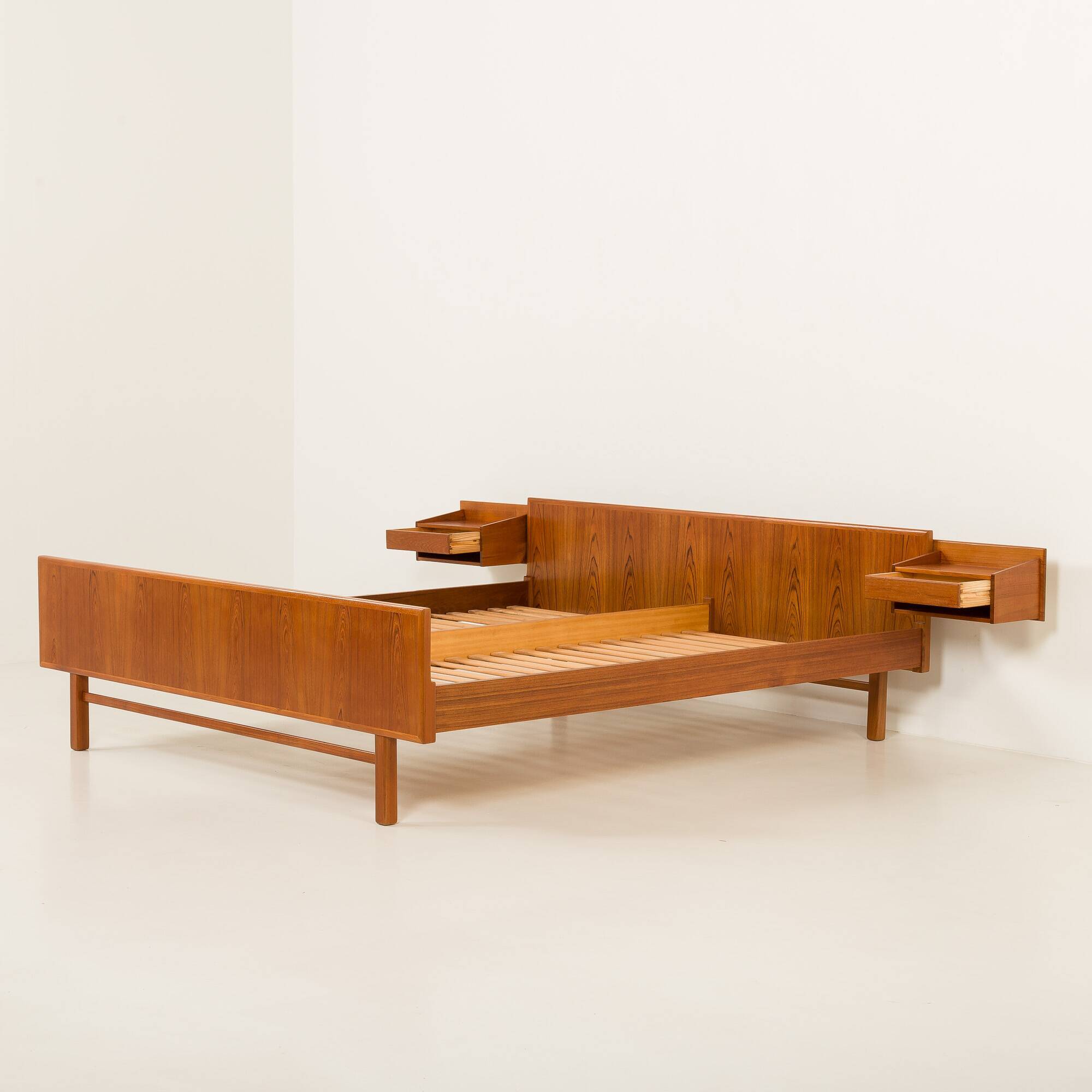 Danish mid century teak queen size bed with nightstands, 1960s