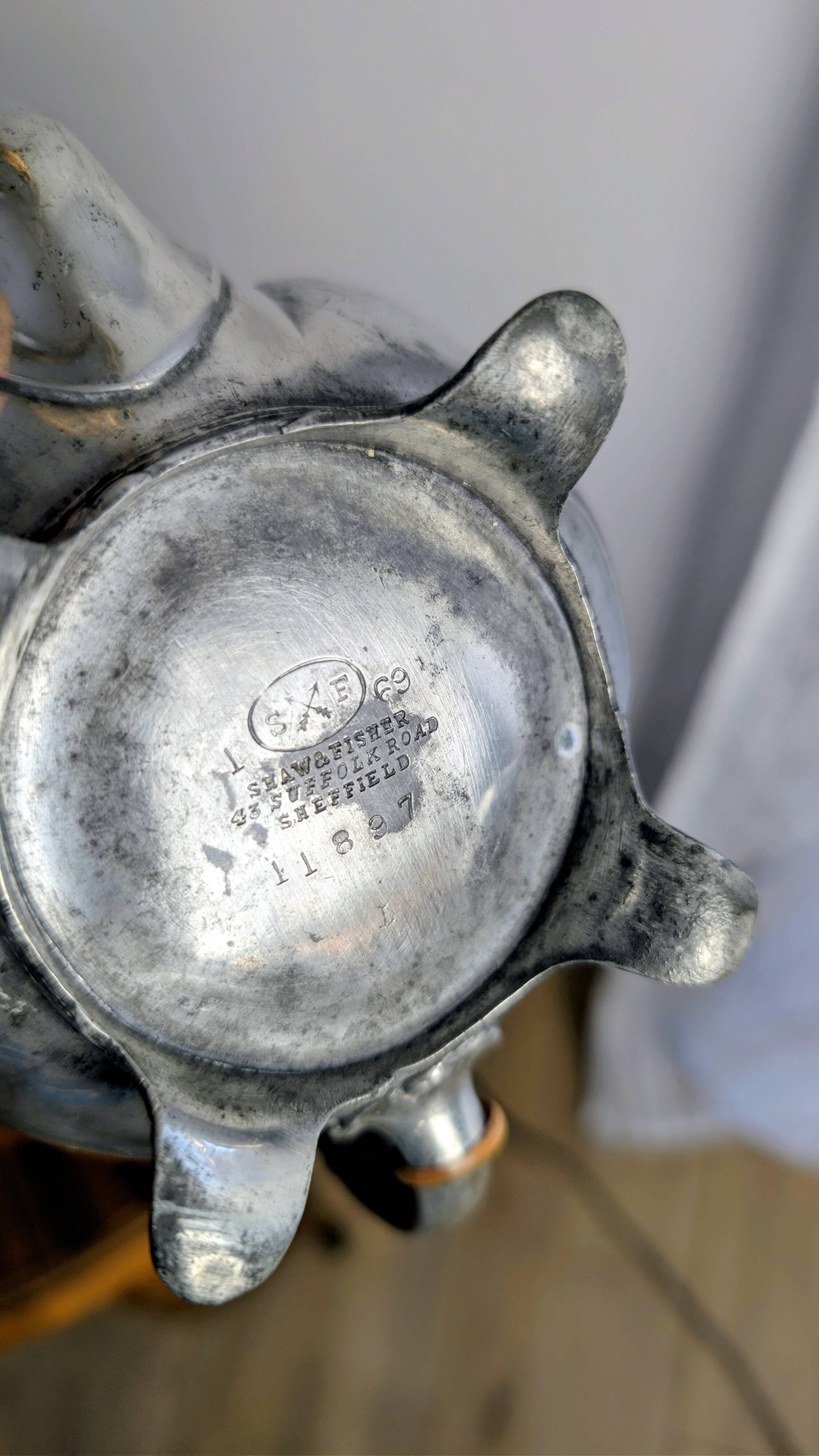 Vintage Shaw & Fisher Sheffield metal tin teapot