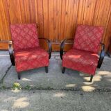 Pair of Art Deco burgundy armchairs in curved wood and fabric by Jindrich Halabala (1930s)