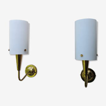 Pair of vintage opaline brass wall lamps