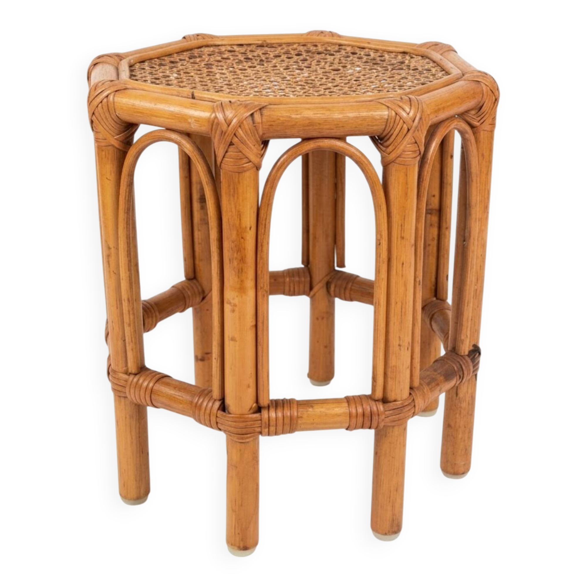 Tabouret vintage octogonal en rotin et cannage