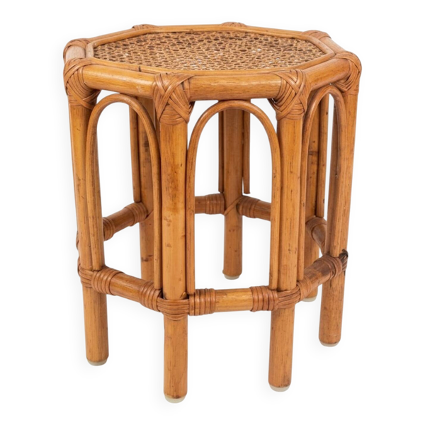 Tabouret vintage octogonal en rotin et cannage