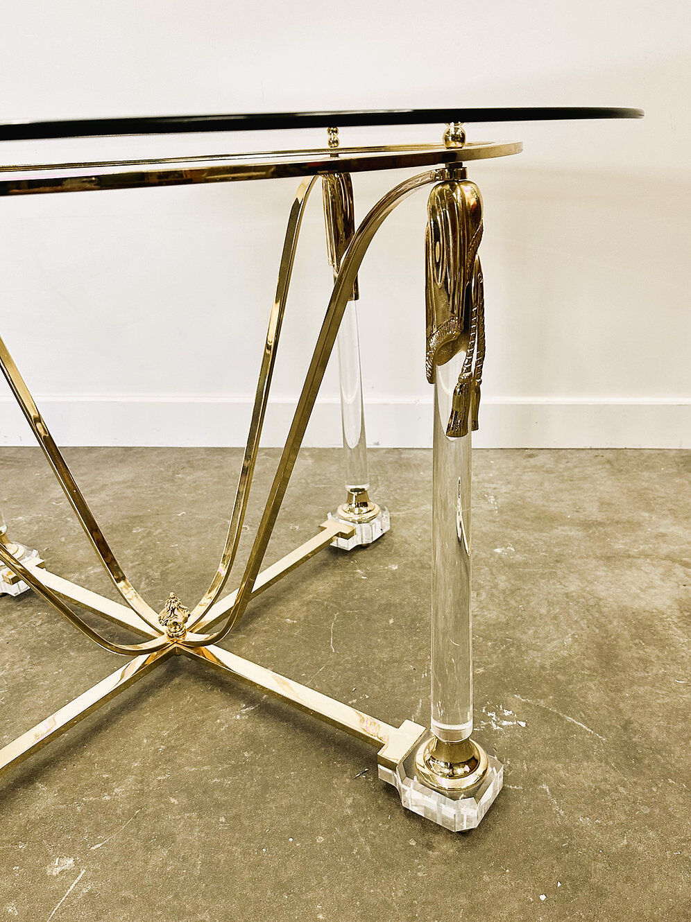 Brass and lucite dining table with beveled glass top, Italy 1980s.