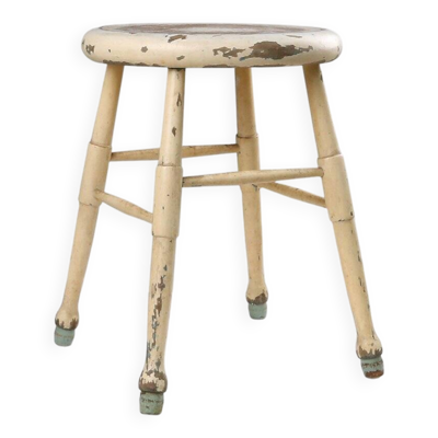 Tabouret rustique blanc avec patine authentique, Belgique années 1930
