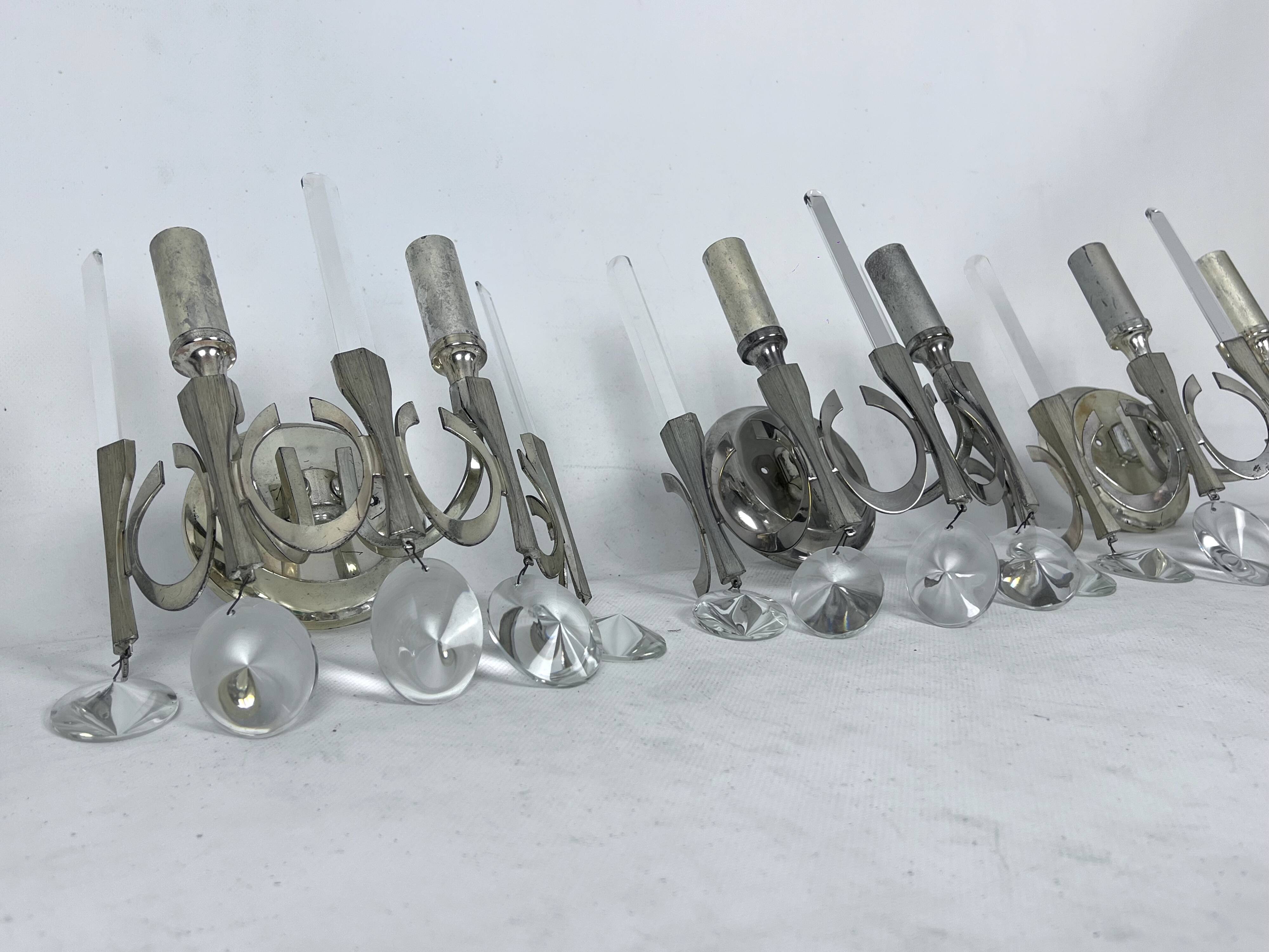 Mid-Century nicheled brass and glass sconces by Sciolari. Labeled. Italy 1960s