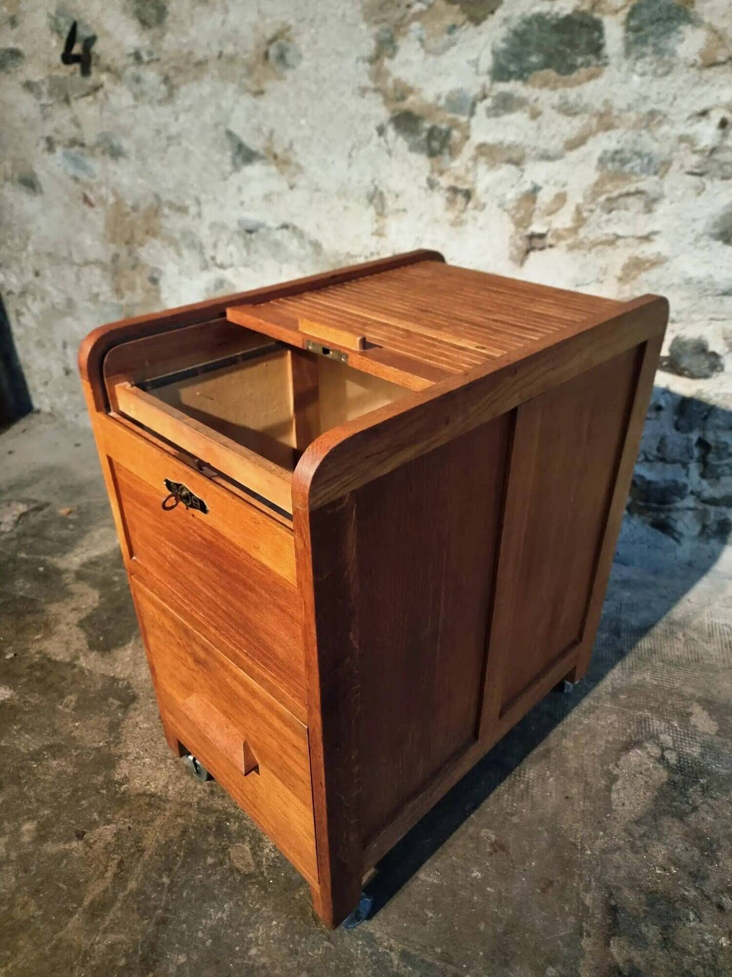 Vintage French oak office rolling cabinet with tambour door, 1950s.