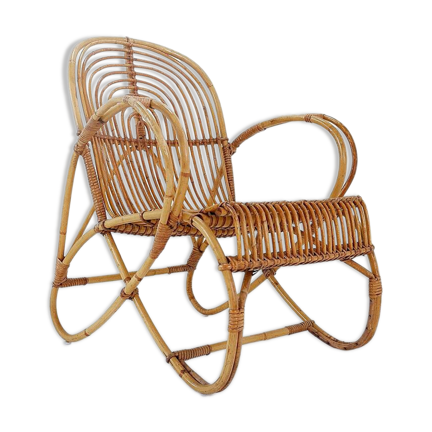 Vintage Curved rattan and bamboo armchair - 1960s