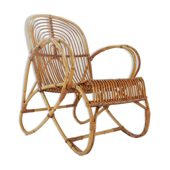 Vintage Curved rattan and bamboo armchair - 1960s