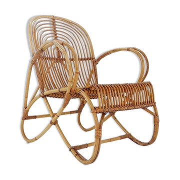 Vintage Curved rattan and bamboo armchair - 1960s