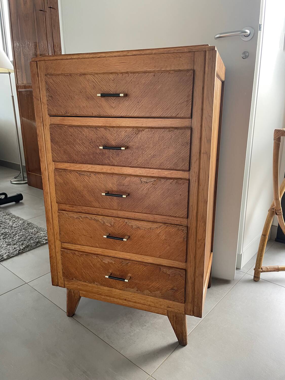 High chest of drawers with 5 drawers, vintage oak, 1950s