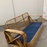 Exclusive Six Strand Rectangular Rattan 3-Seat Sofa after Paul Frankl, 50s