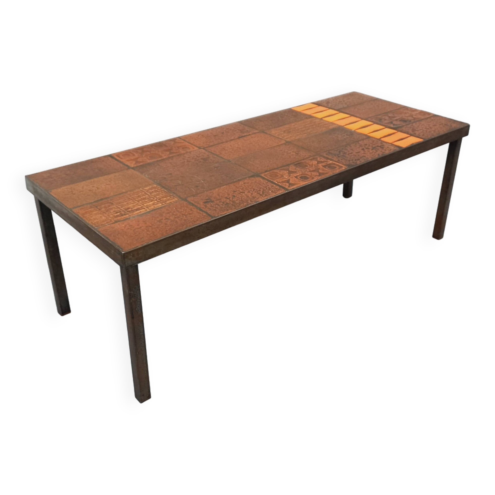 Vintage rectangular coffee table by Jean Jaffeux in steel and ceramic from the 60s
