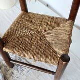 Chaise enfant vintage en bois foncé et assise en paille tressée