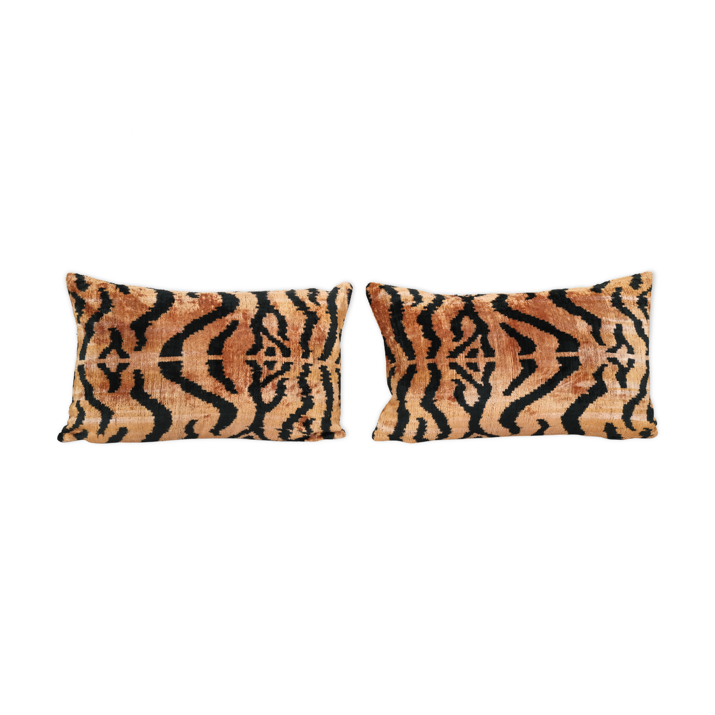 Handmade Tiger Ikat Velvet Pillow, Set of Two Silk Lumbar Pillowcase, Soft Couch Pillow Cover