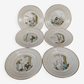 6 dessert plates in Villeroy and Boch earthenware, decorated by Gaston le Beuze. Around 1940.