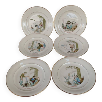 6 dessert plates in Villeroy and Boch earthenware, decorated by Gaston le Beuze. Around 1940.