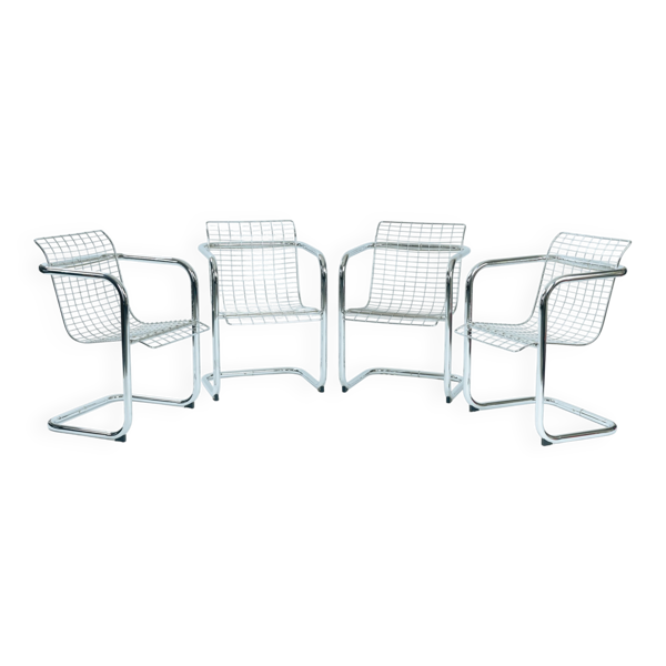 ensemble de 4 chaises en fil italien, chrome et fil métallique, 1974