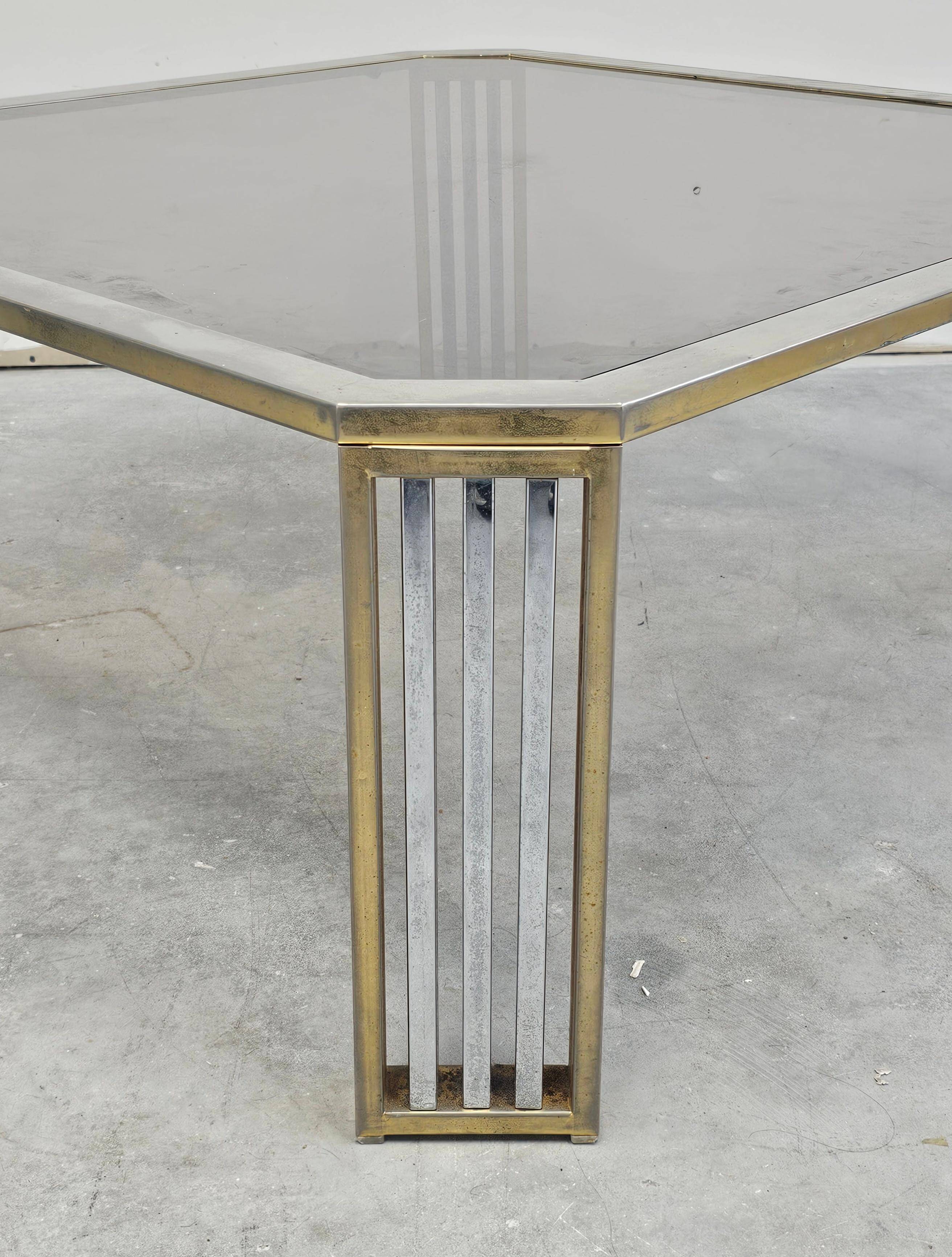 Large modernist coffee table attributed to Romeo Rega in steel and brass plating.