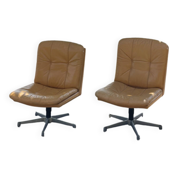 Paire de fauteuils pivotants en cuir ocre vintage, années 1970