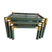Series of 3 vintage coffee tables and brass 1970