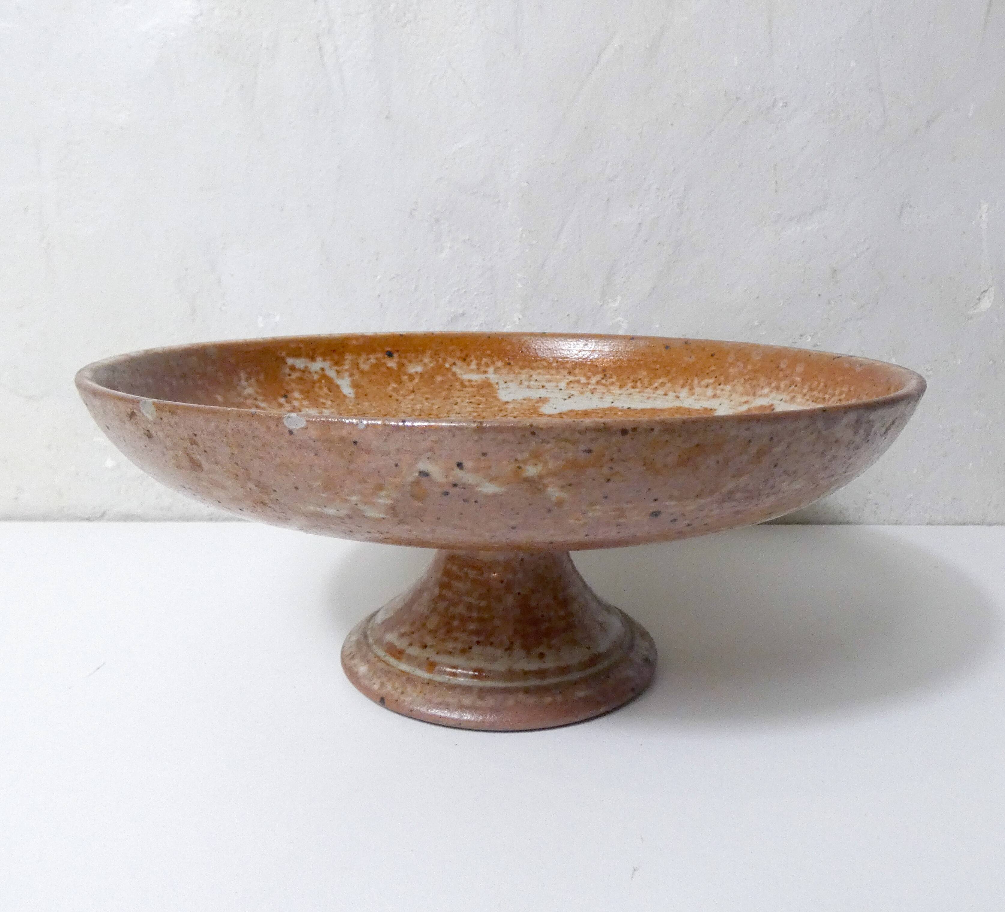Large vintage stoneware compote dish with a footed plate