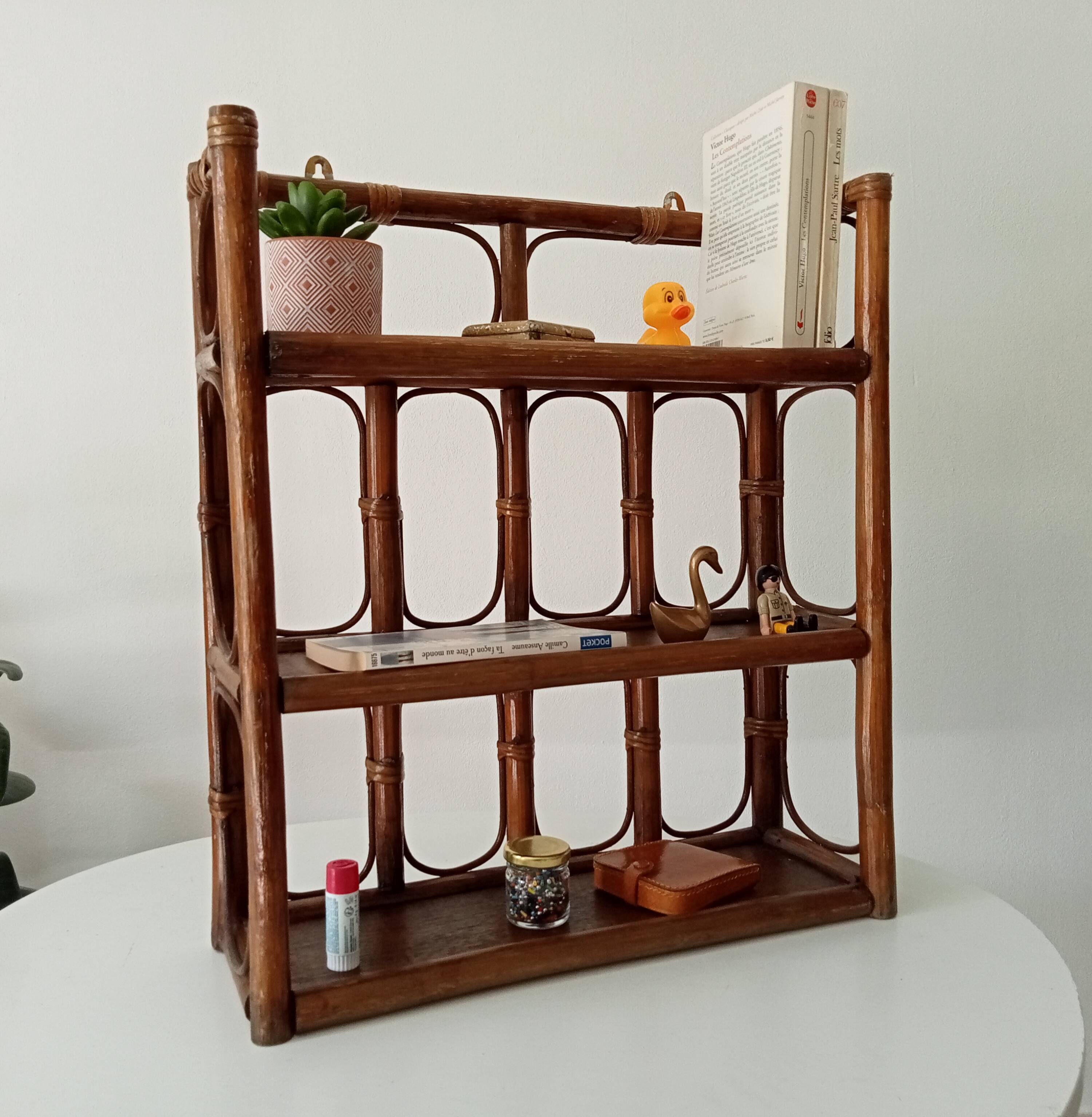 Vintage bamboo and rattan wall shelf