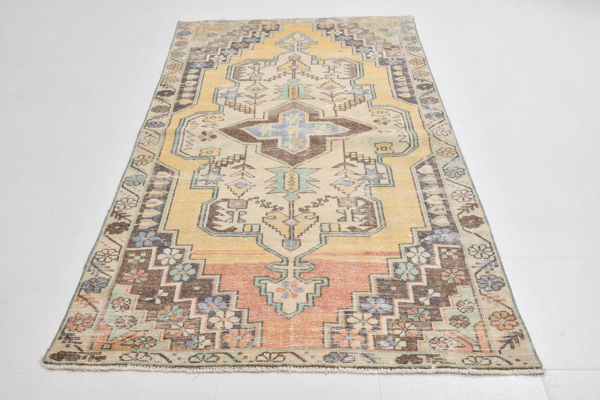 Tapis turc en laine jaune moutarde 4x8, fait main, 125x230 cm
