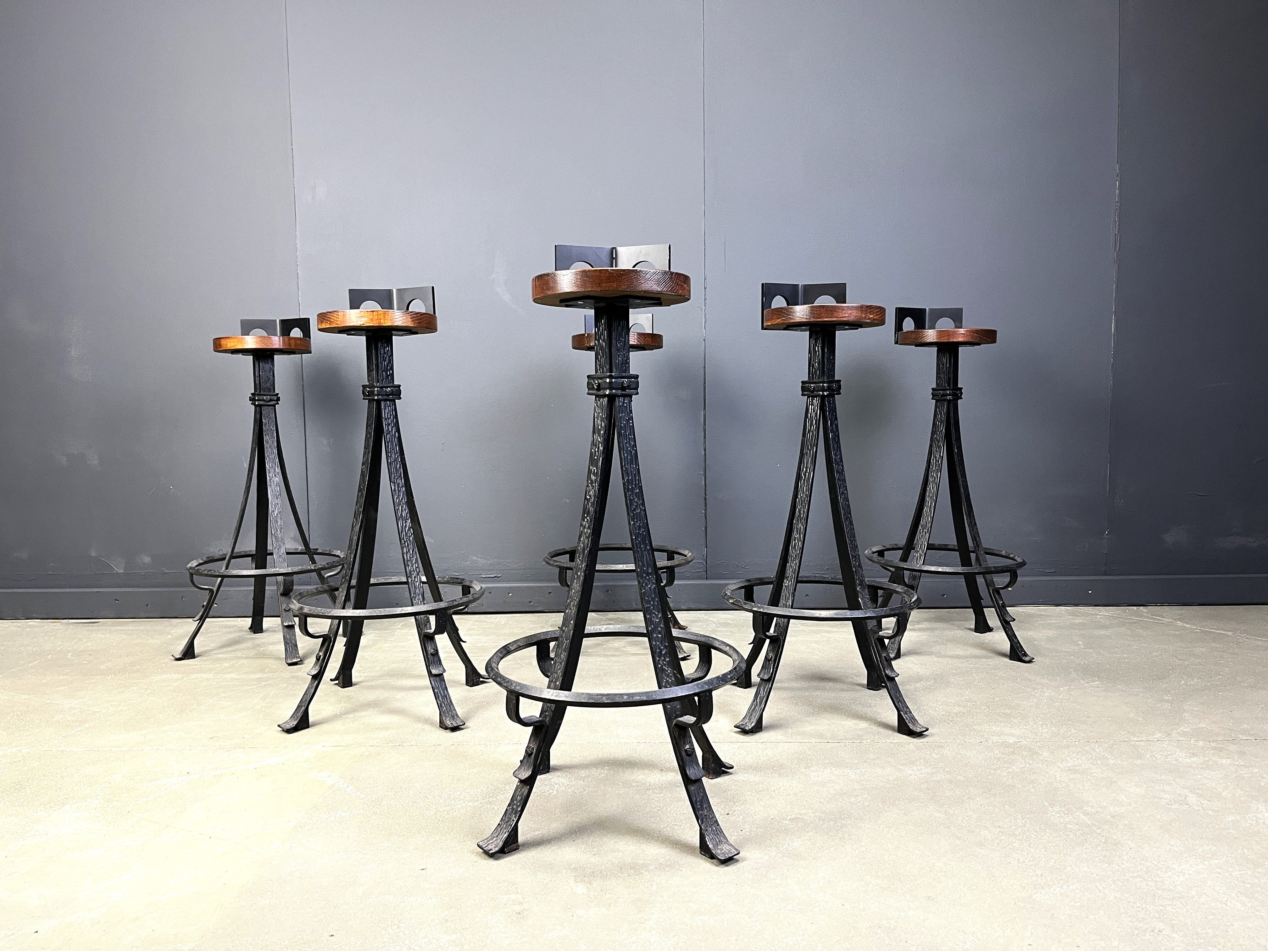 Vintage brutalist wrought iron bar stools, 1960s - set of 6