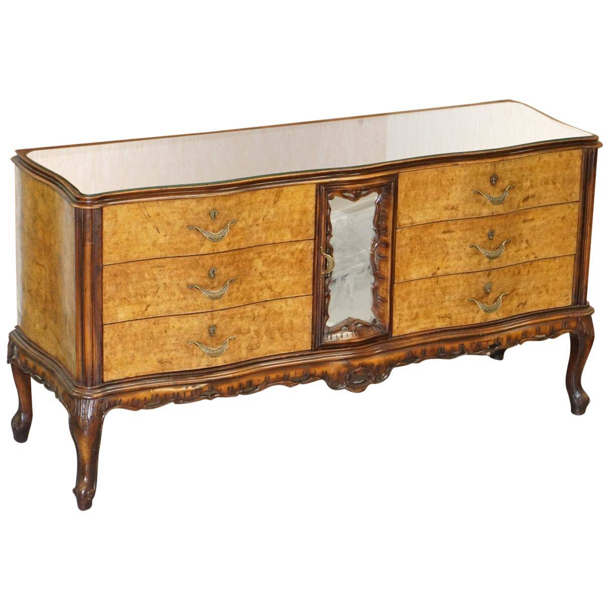 Vintage Italian Buffet in Walnut with Serpentine Front and Mirror Top