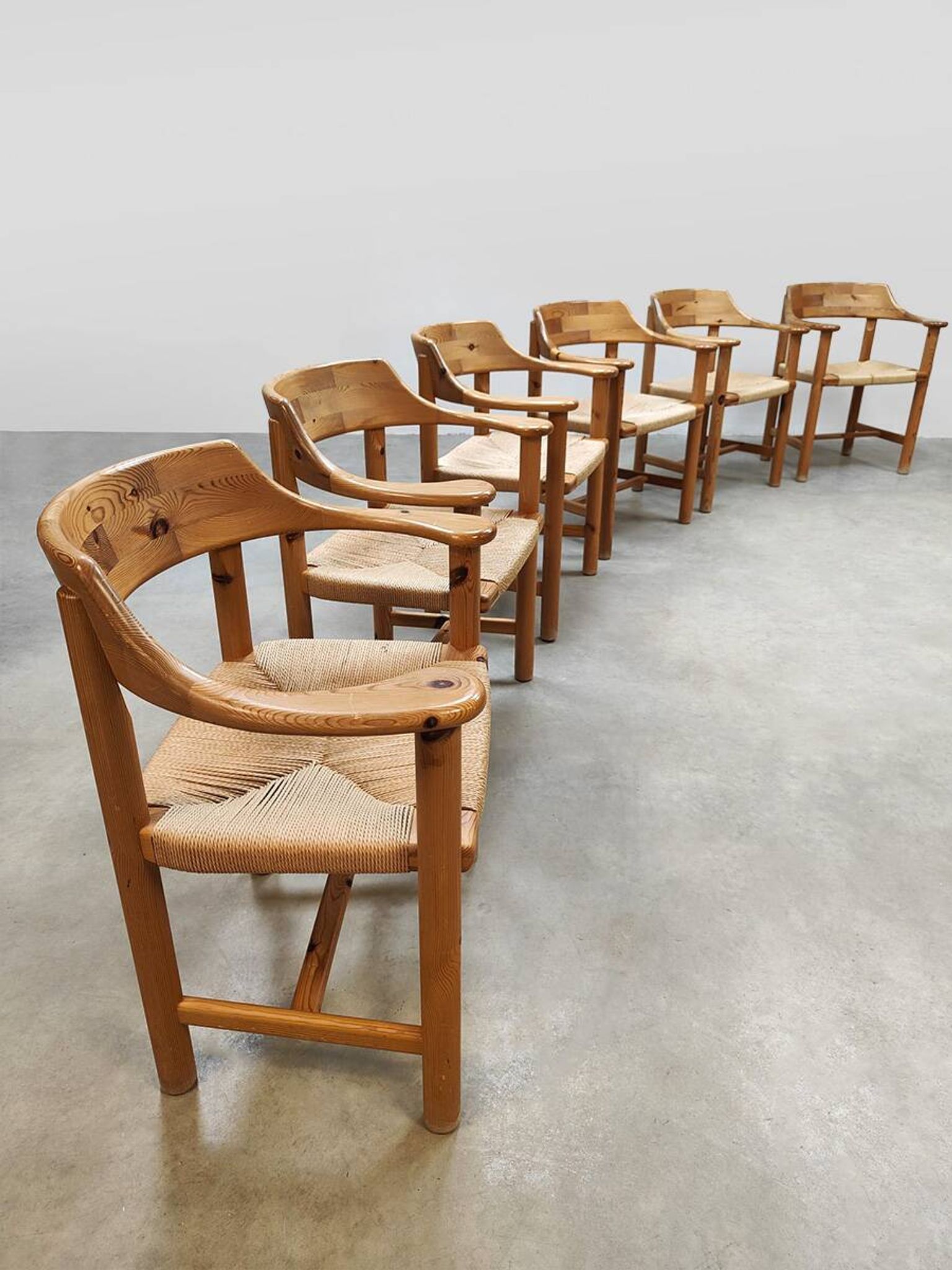 Vintage pine papercord dining chairs Rainer Daumiller