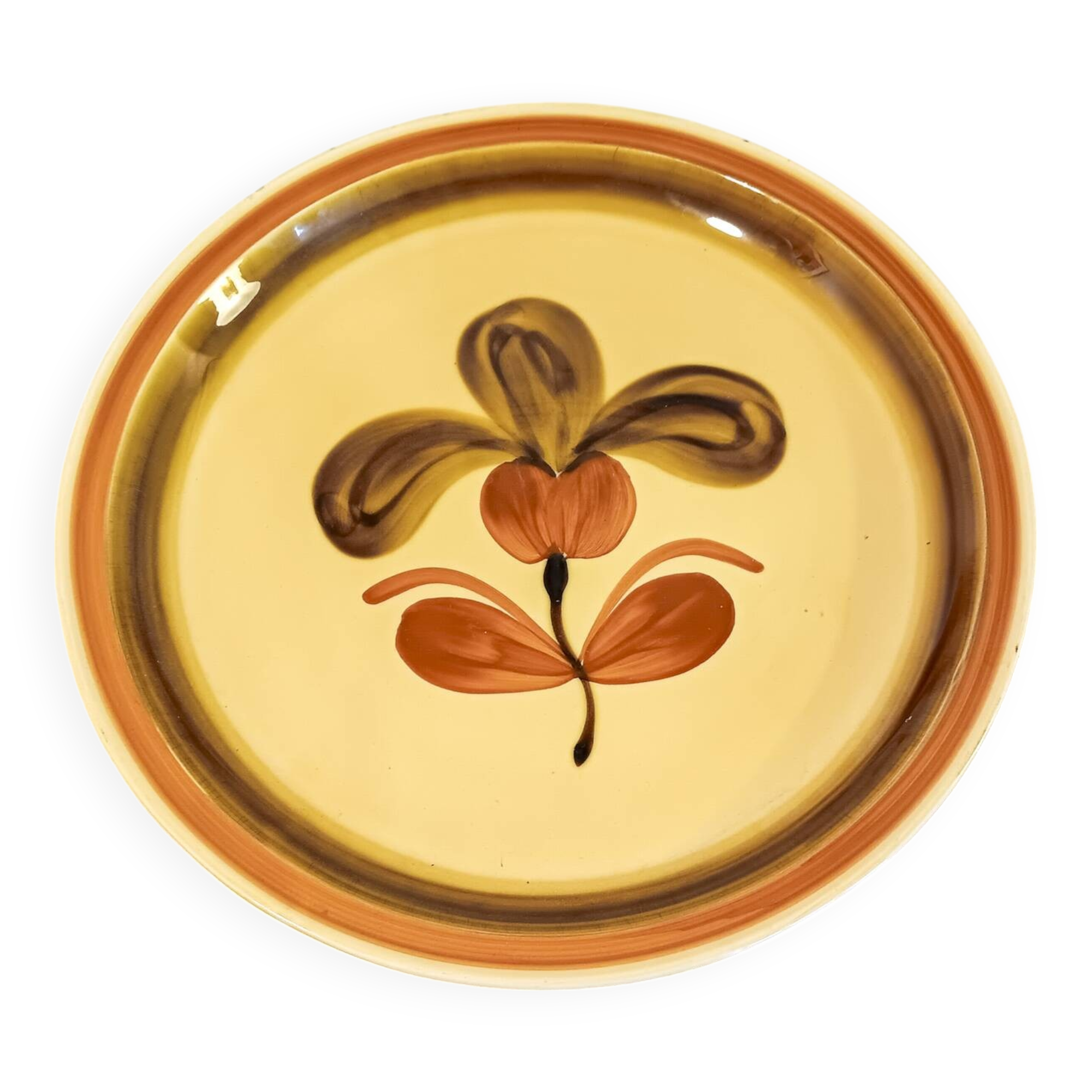 Gien round dish, Fuego model, vintage 1970s - Yellow, ochre, brown color.